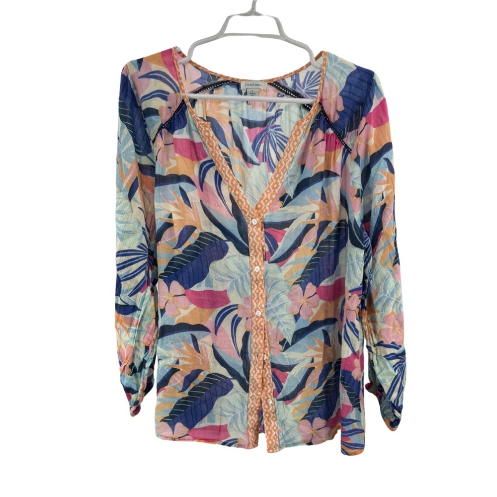 Sundance Multicolor floral tropical lightweight cotton button up top L flowy